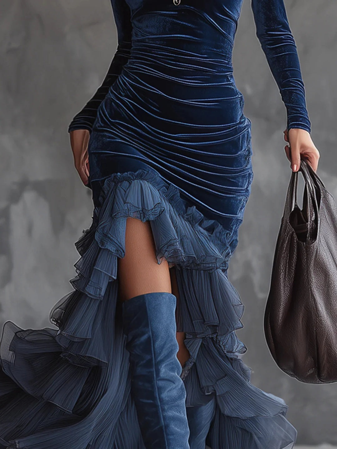 Sapphire Feather-Hem Mermaid Dress