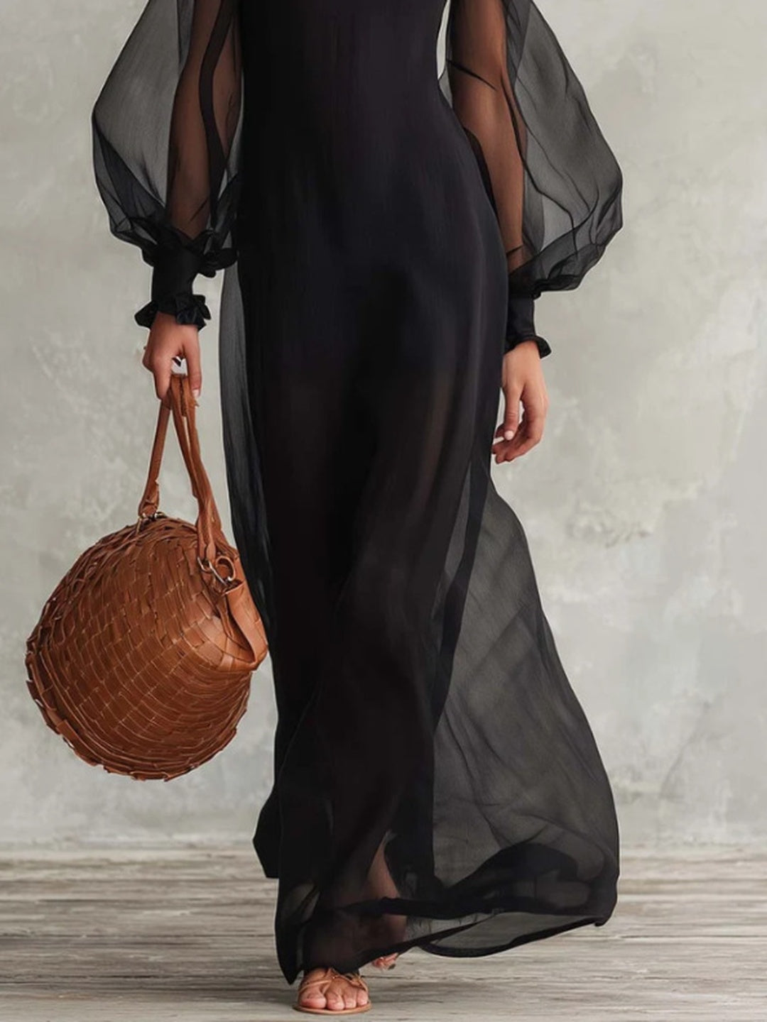 Celeste Sheer-Sleeve Tiered Maxi Dress