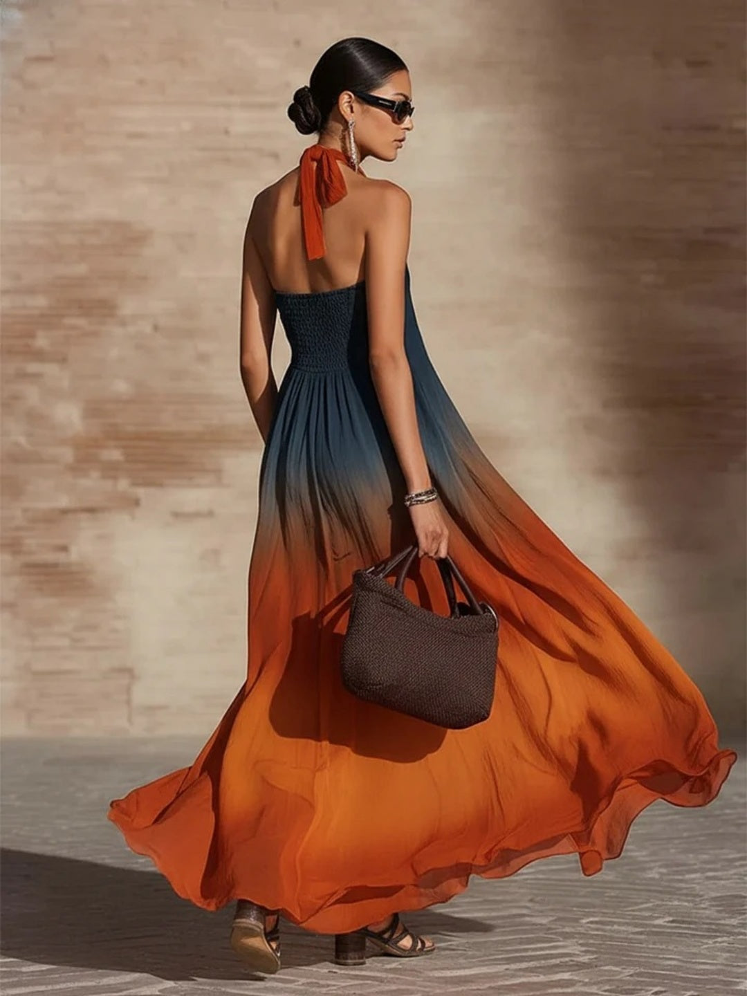 Sienna Navy Orange Ombre Halter Maxi Dress