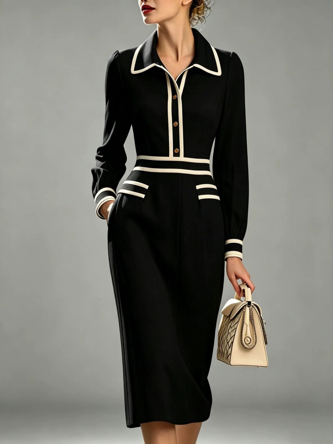 Bianca Contrast-Trim Belted Midi Dress - Navy