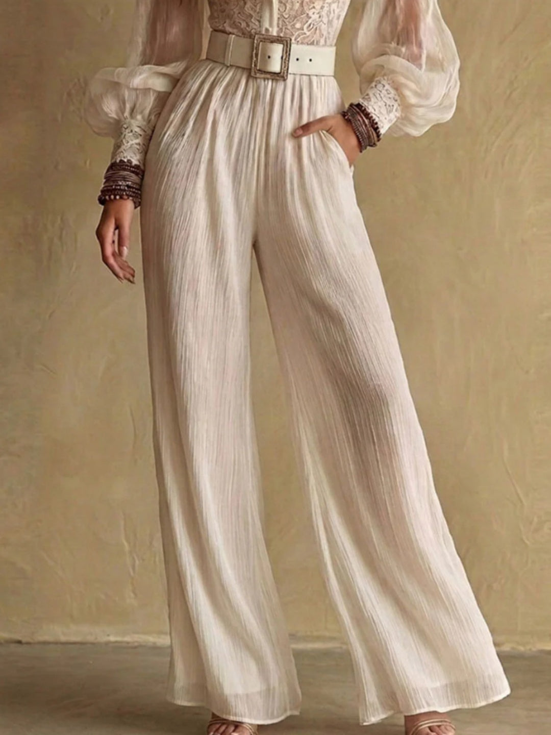 Sienna Beige Stripe Belted Wide-Leg Jumpsuit