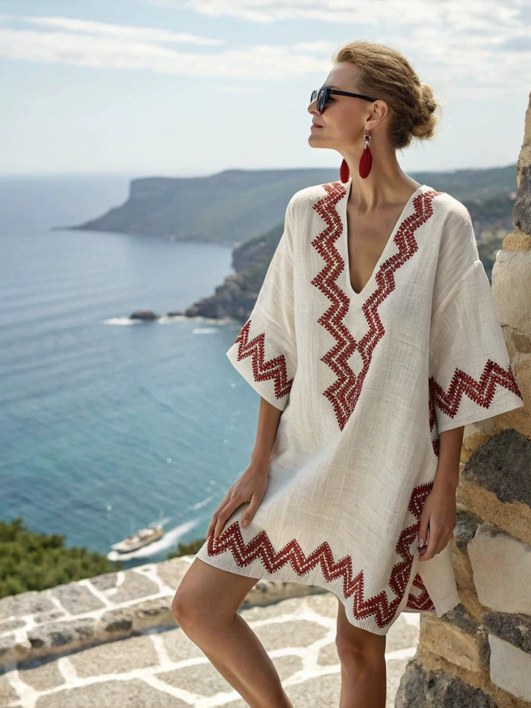 Amalia Geometric-Trim Caftan Mini Dress - Blue Circle Print