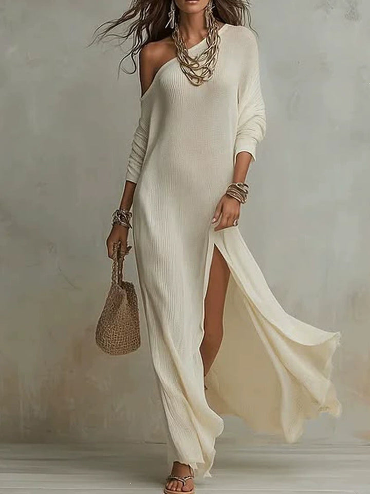 Paloma Ivory One-Shoulder Slit Maxi Dress