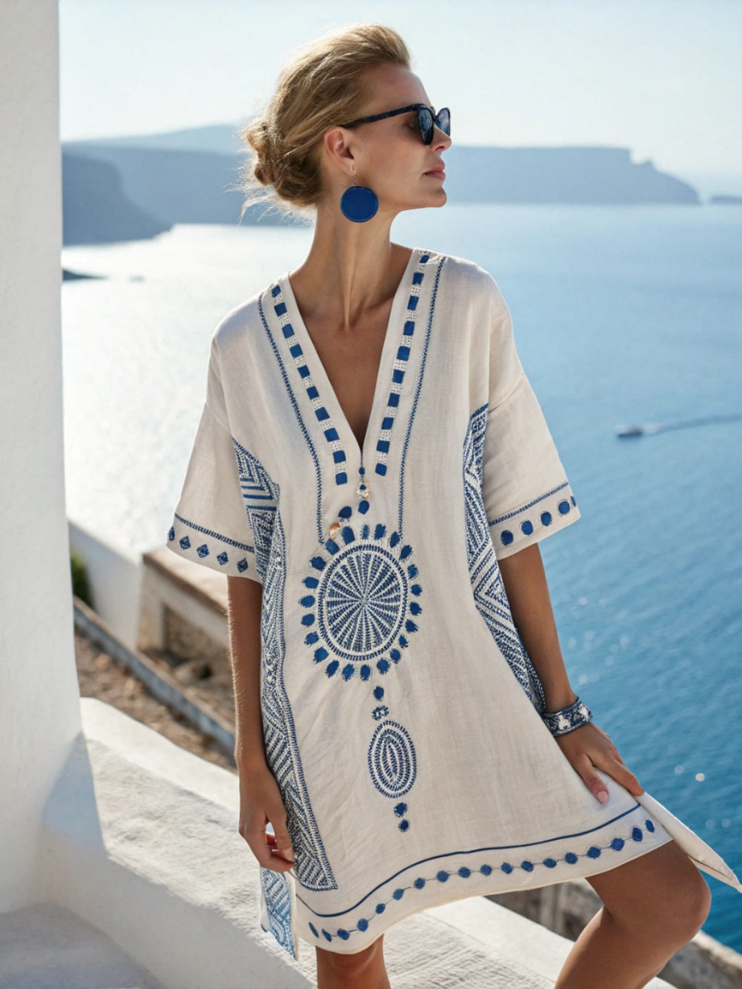 Amalia Geometric-Trim Caftan Mini Dress - Blue Circle Print