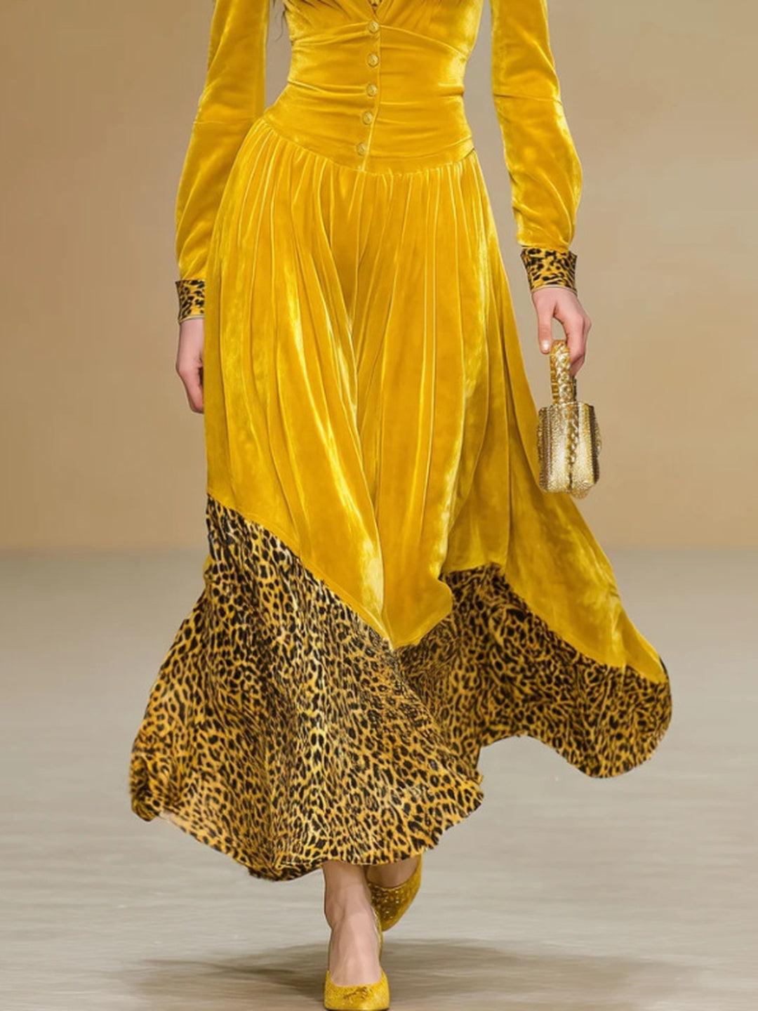 Marisol Velvet Leopard-Hem Maxi Dress