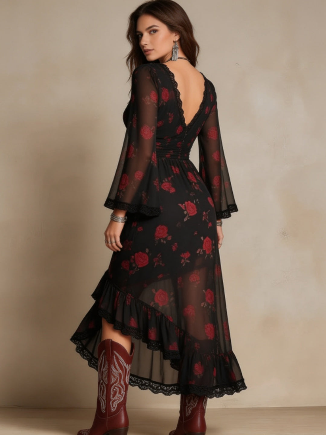 Cora Black Red Floral High-Low Maxi Dress