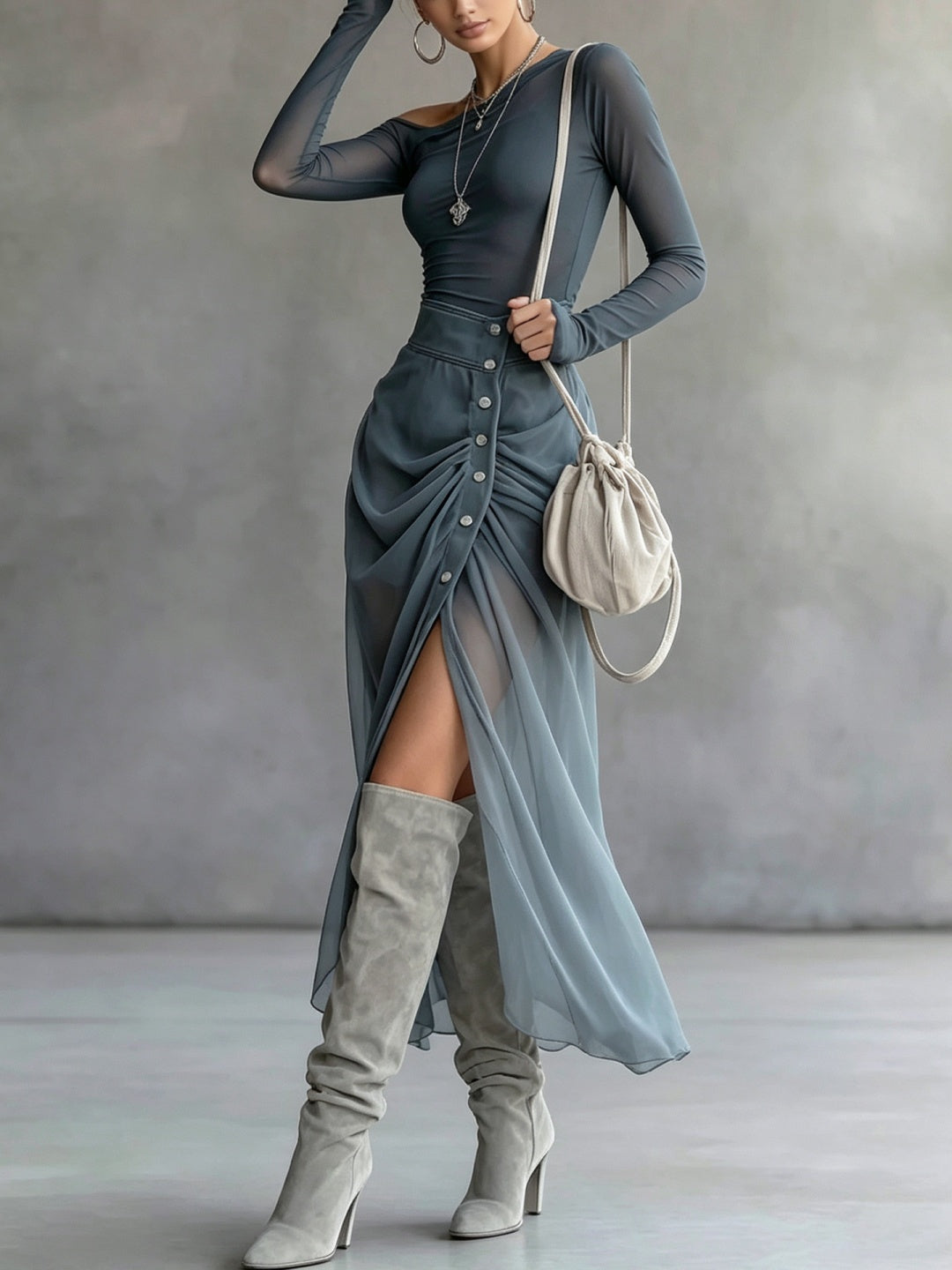 Marina Off-Shoulder Button Maxi Dress