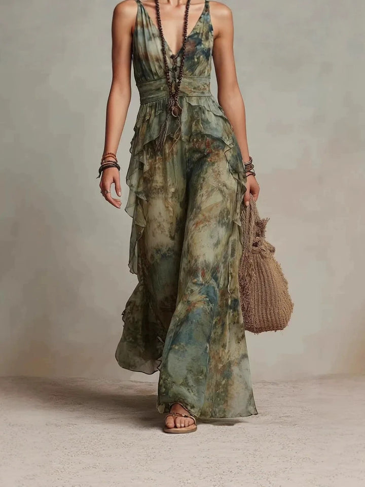 Elena Olive Botanical Halter Maxi Dress