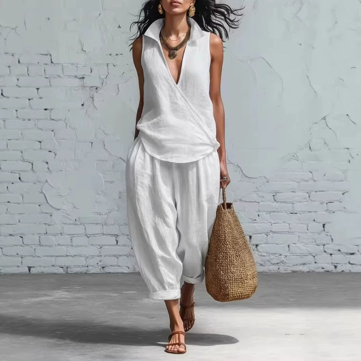 Talia White Sleeveless Resort Pants Set