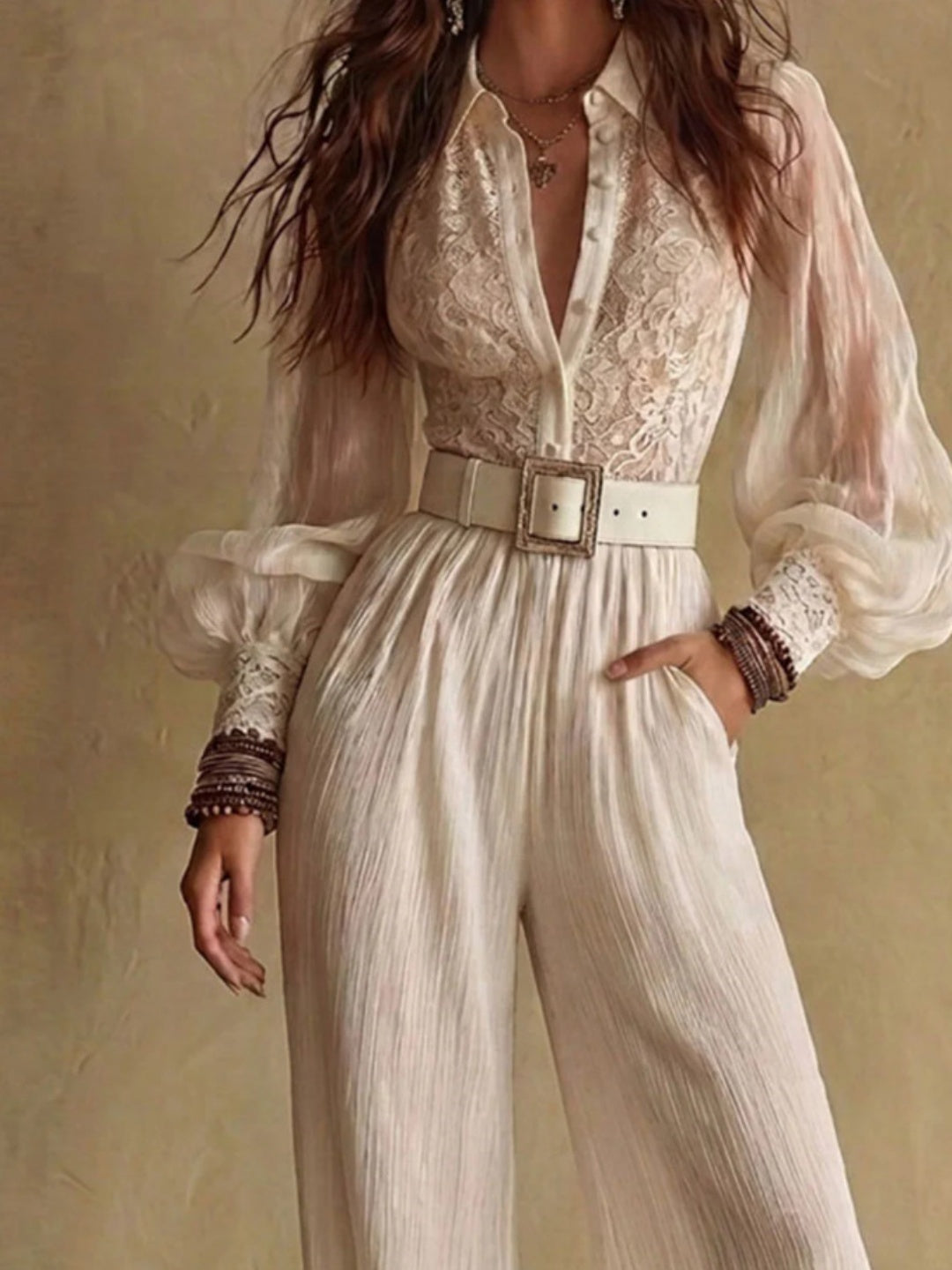 Sienna Beige Stripe Belted Wide-Leg Jumpsuit