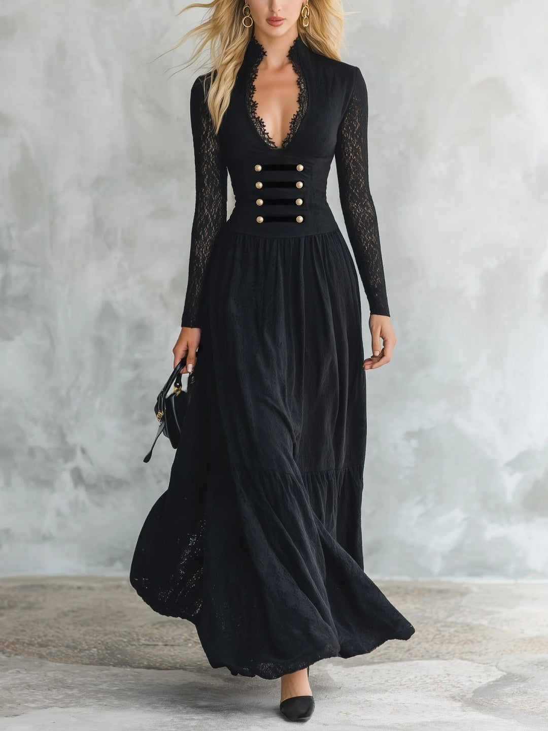 Aurelia Lace-Sleeve Velvet Maxi Dress