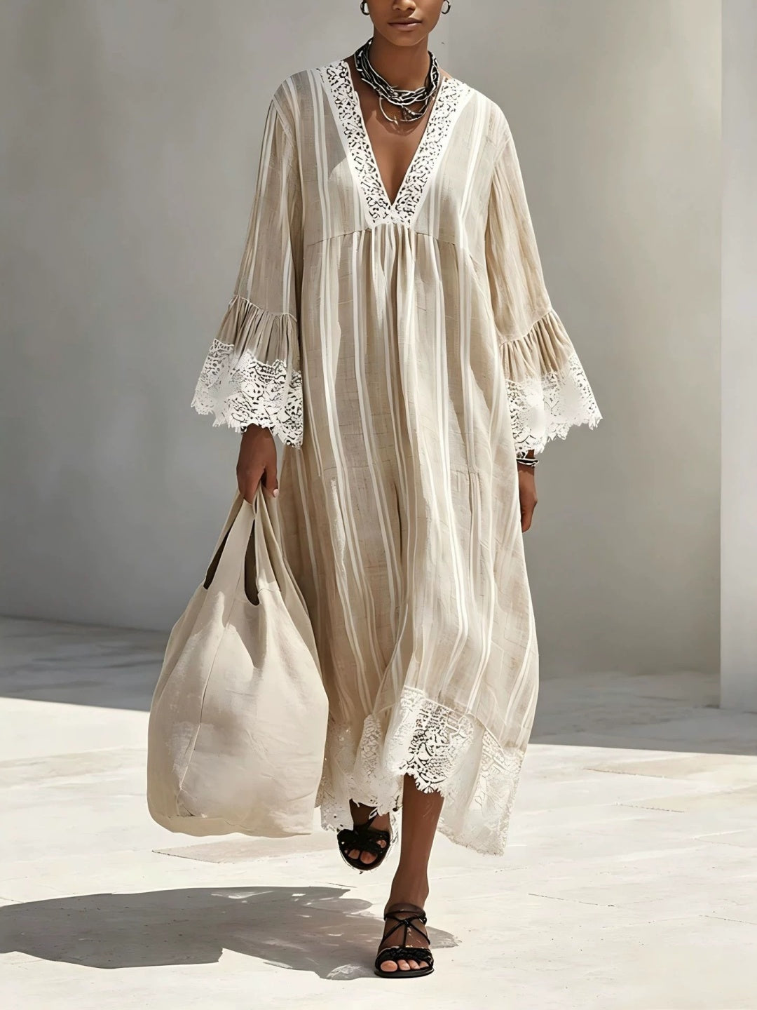 Soleil Red Lace-Trim Caftan Maxi Dress