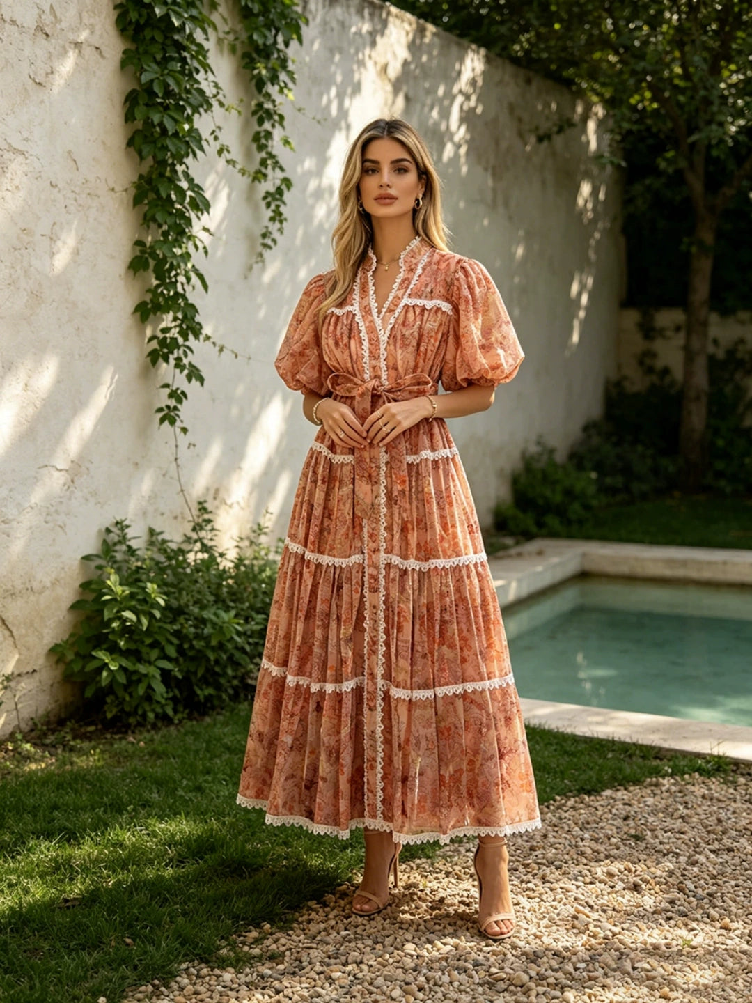 Alessia Embroidered Lace-Trim Maxi Dress - Orange