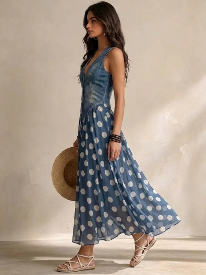 Bianca Navy Polka-Dot Button Maxi Dress