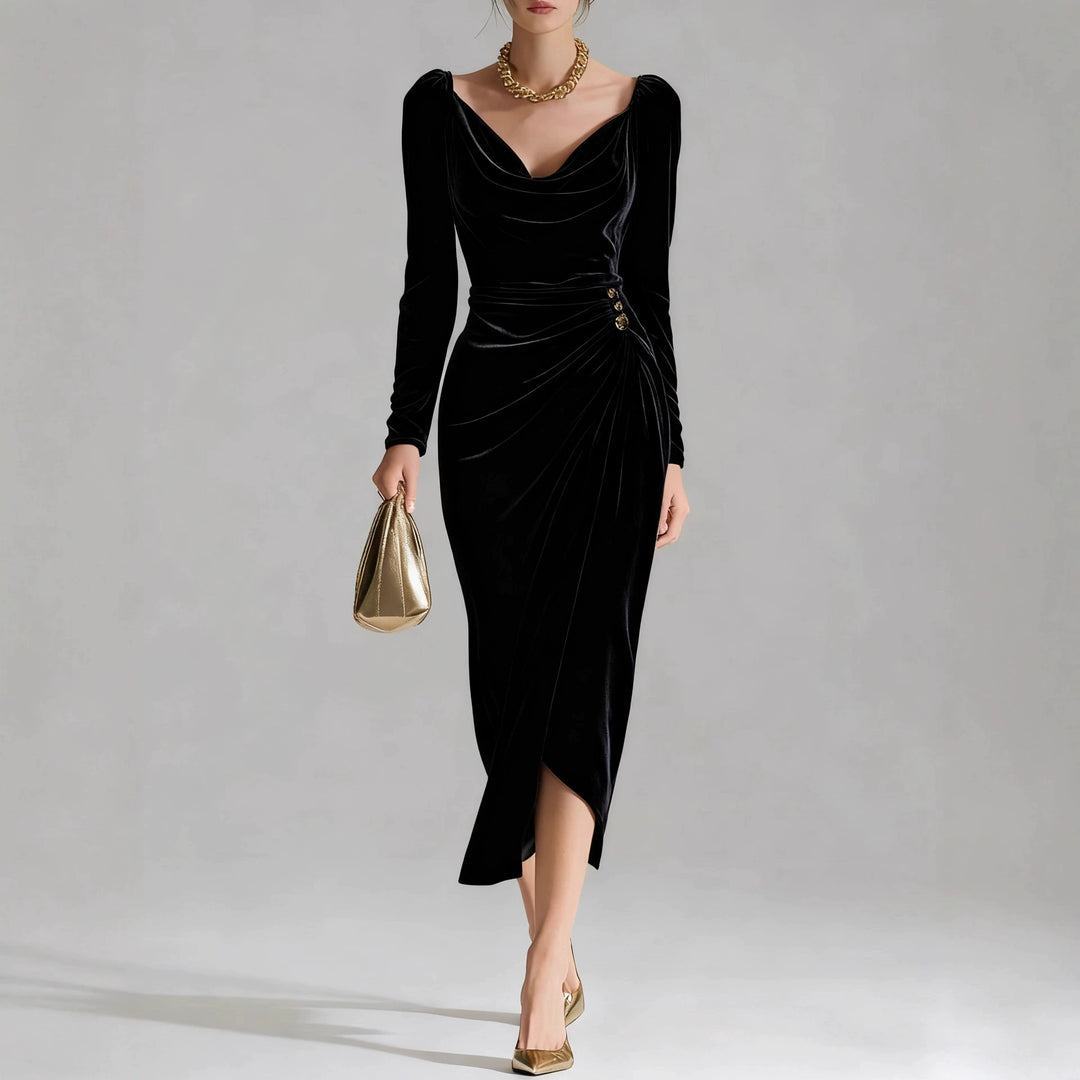 Portia Taupe Cowl Neck Midi Dress