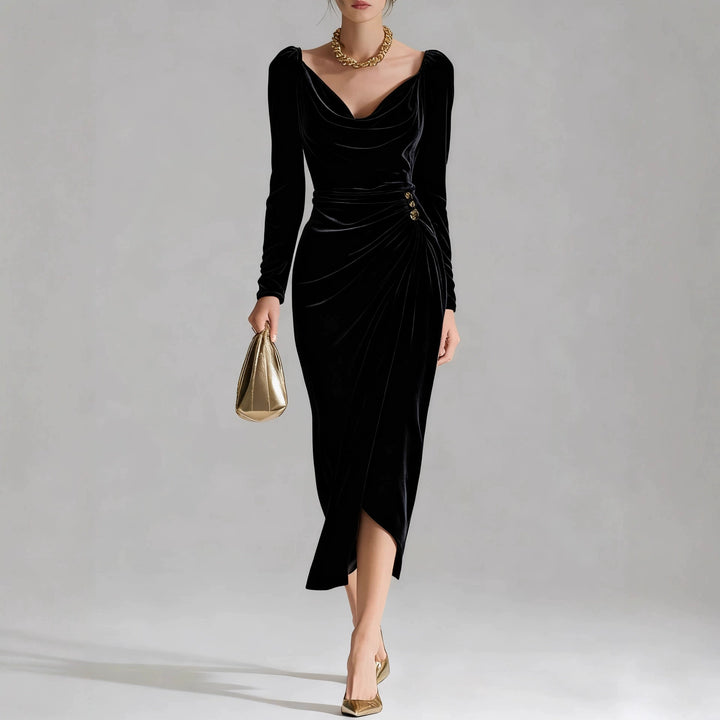 Portia Taupe Cowl Neck Midi Dress