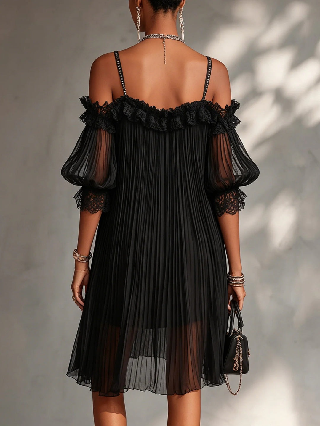 Alessia Black Pleated Cold-Shoulder Mini Dress