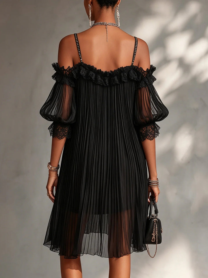 Alessia Black Pleated Cold-Shoulder Mini Dress