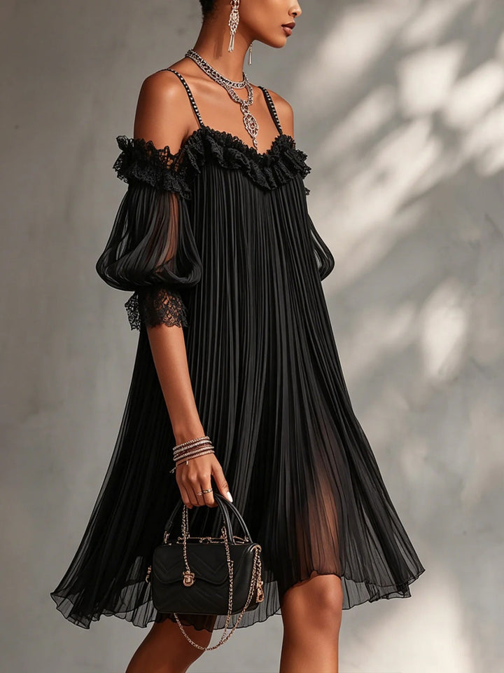 Alessia Black Pleated Cold-Shoulder Mini Dress