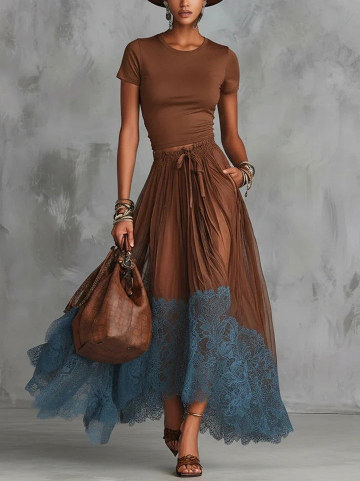Mara Cocoa Blue Lace-Hem Skirt Set