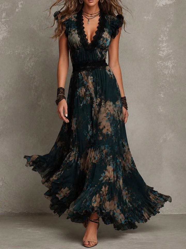 Noa Black Floral Lace Cap-Sleeve Maxi Dress