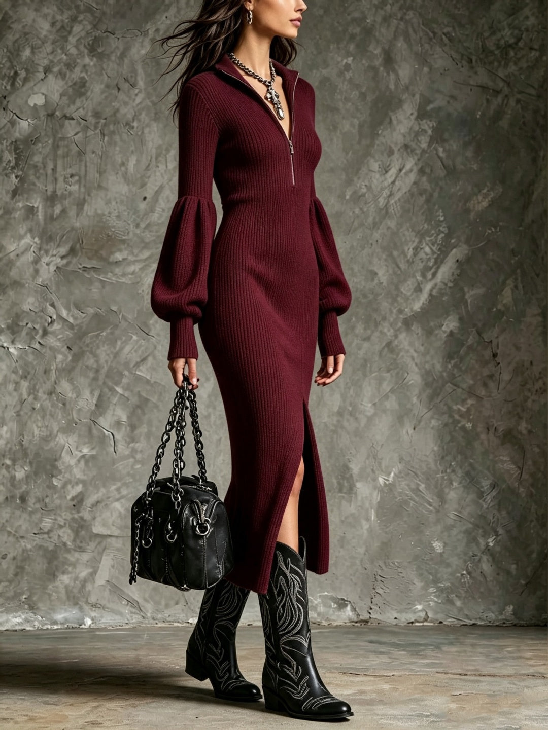 Aurelia Zip-Front Knit Maxi Dress