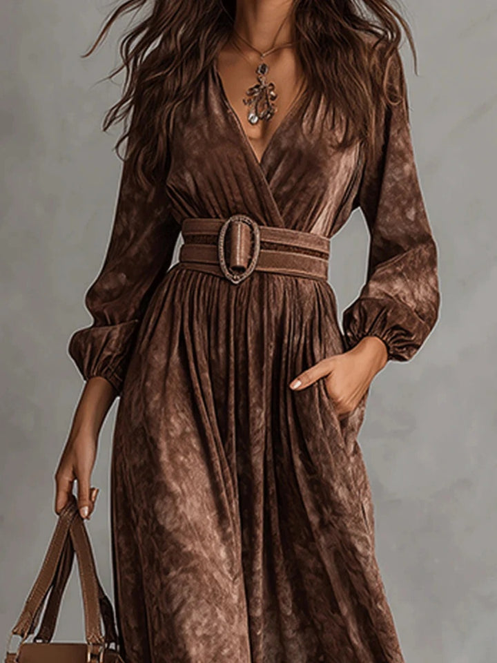 Valentina Cocoa Velvet-Look Belted Maxi Dress
