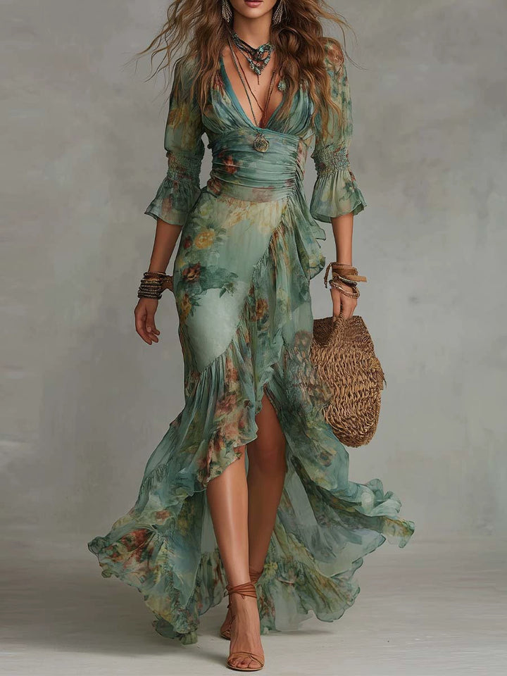 Mira Green Floral Wrap Maxi Dress