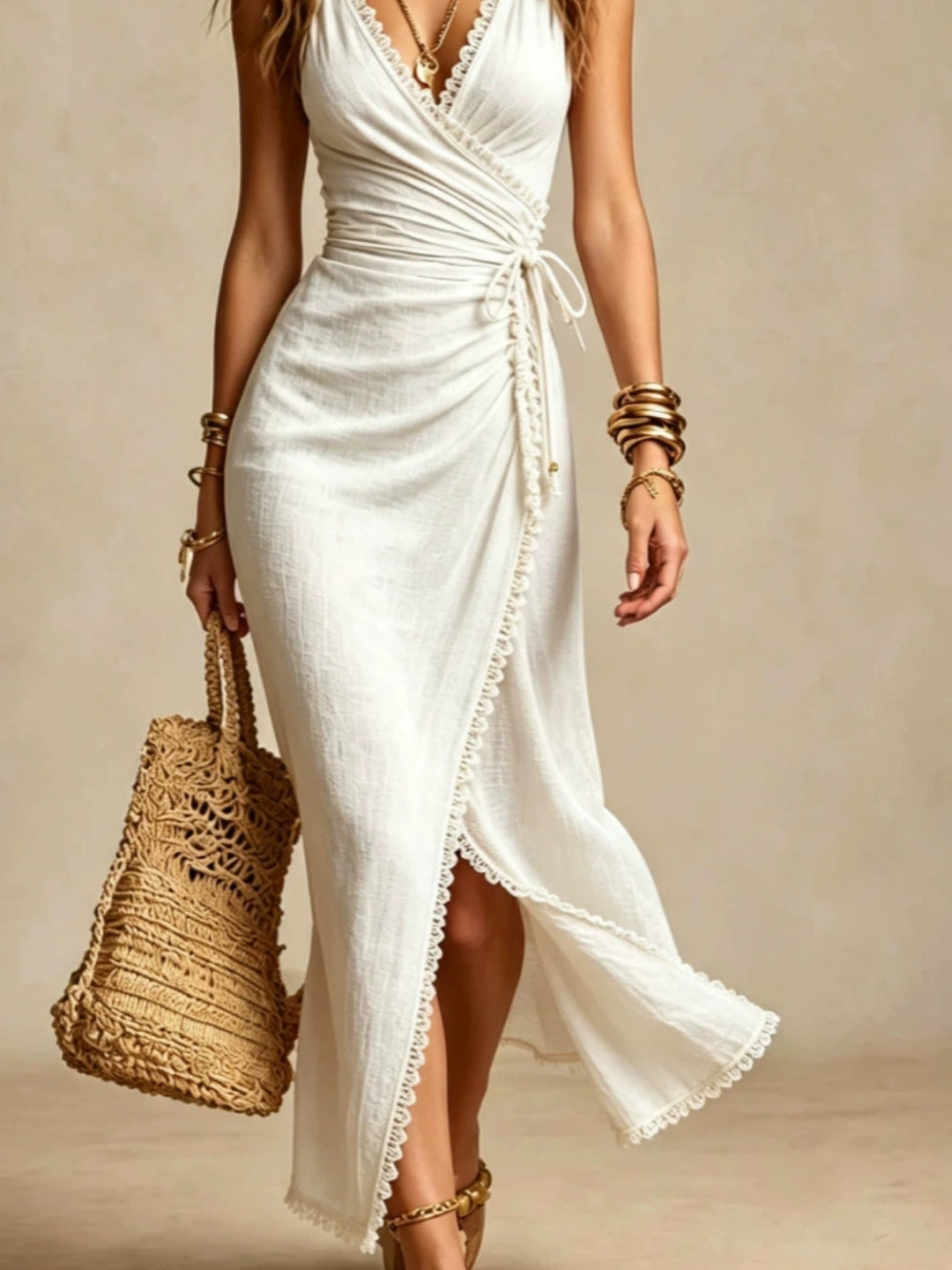 Bianca Pink Ruched Wrap-Slit Maxi Dress