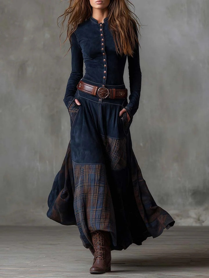 Noa Navy Plaid-Panel Button Maxi Dress