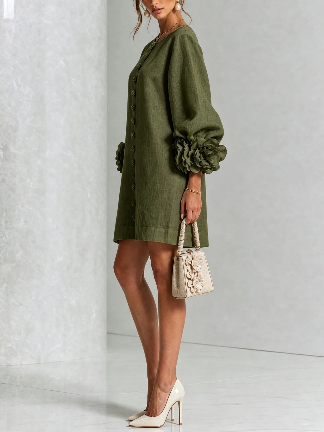 Rosalia Blush Floral-Cuff Button Mini Dress