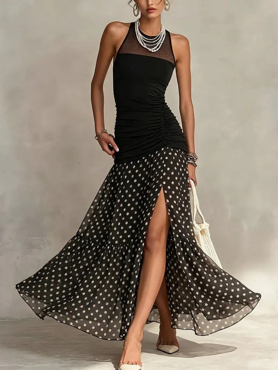 Noa Navy Polka-Dot Slit Maxi Dress