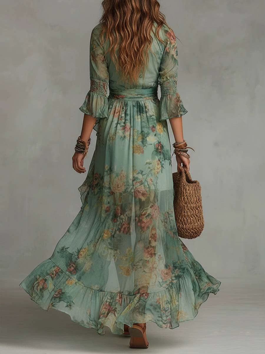 Mira Green Floral Wrap Maxi Dress