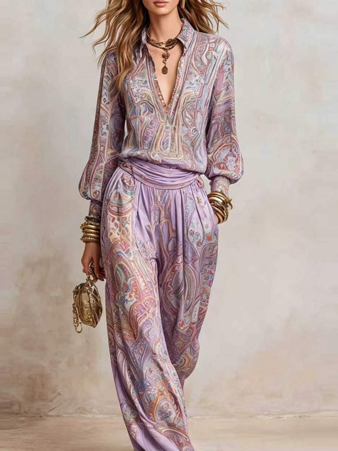 Isla Brown Paisley Blouse and Pants Set