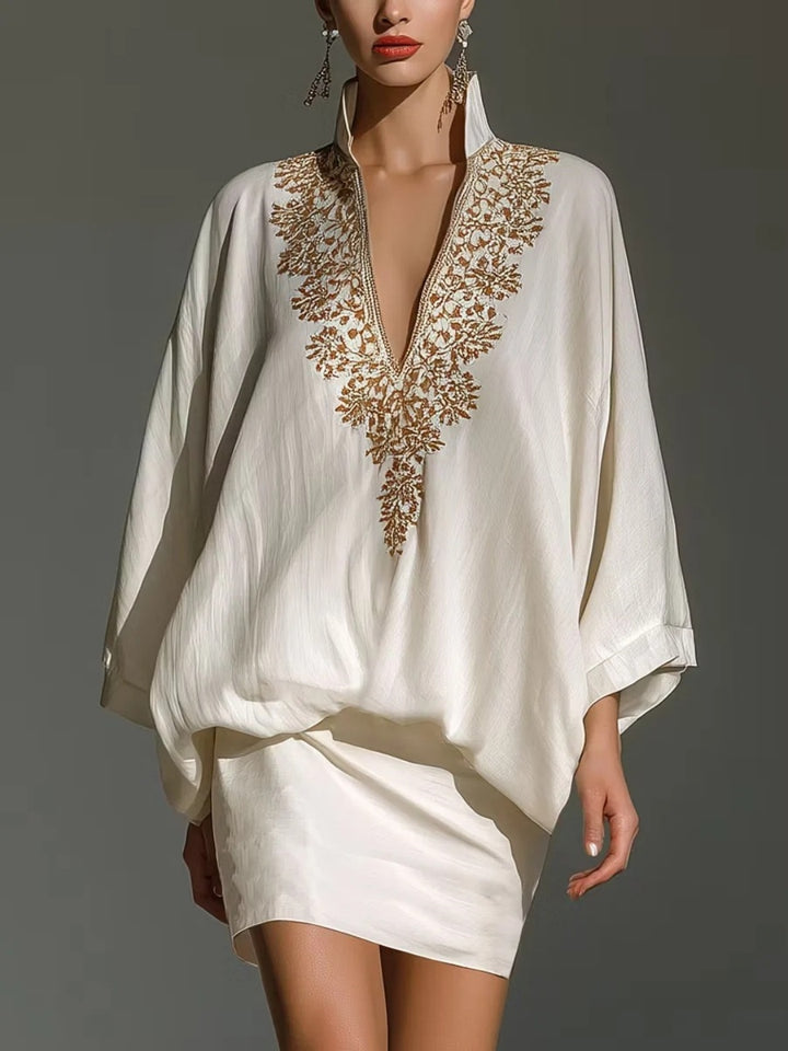 Soleil Ivory Gold Embroidered Caftan Mini Dress