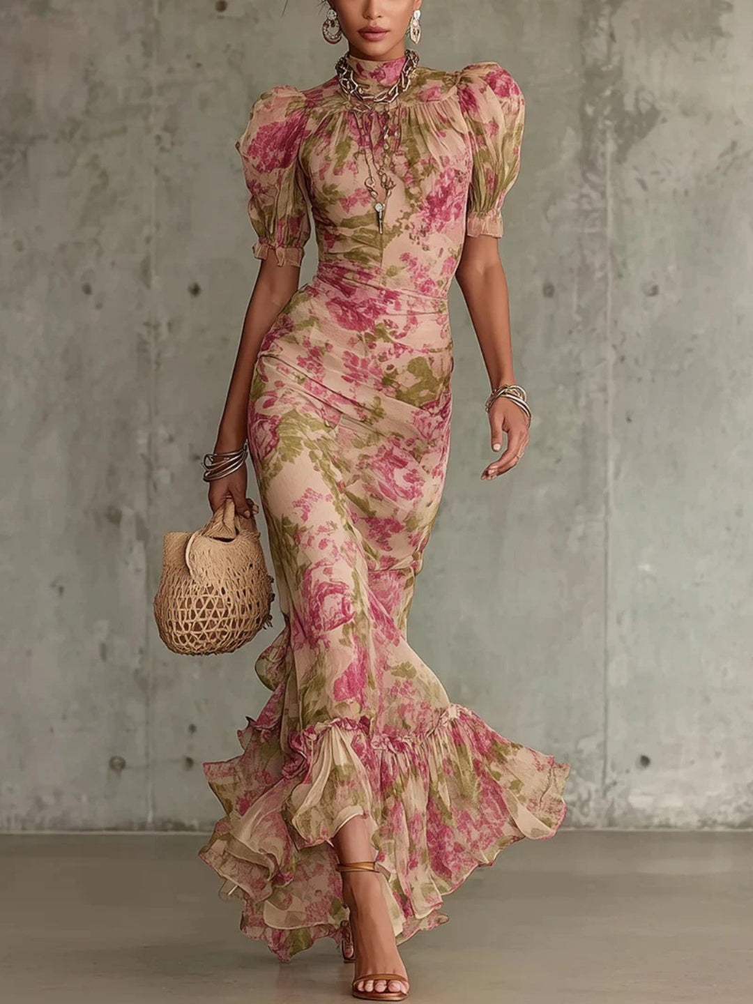 Flora Rose Botanical Ruffle Maxi Dress