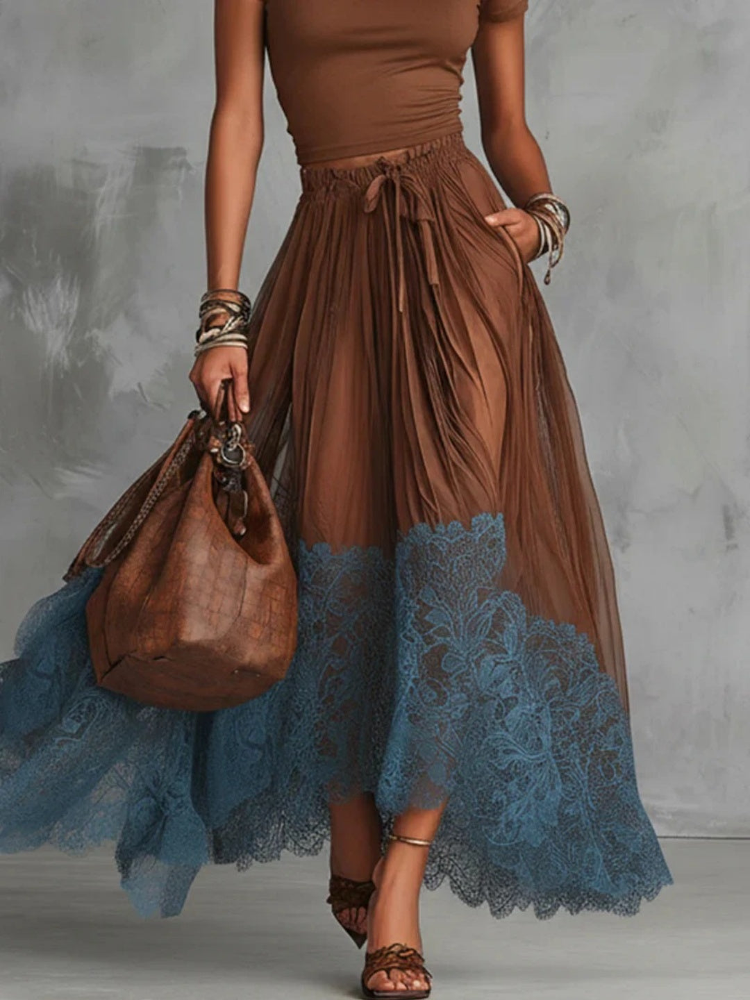 Mara Cocoa Blue Lace-Hem Skirt Set