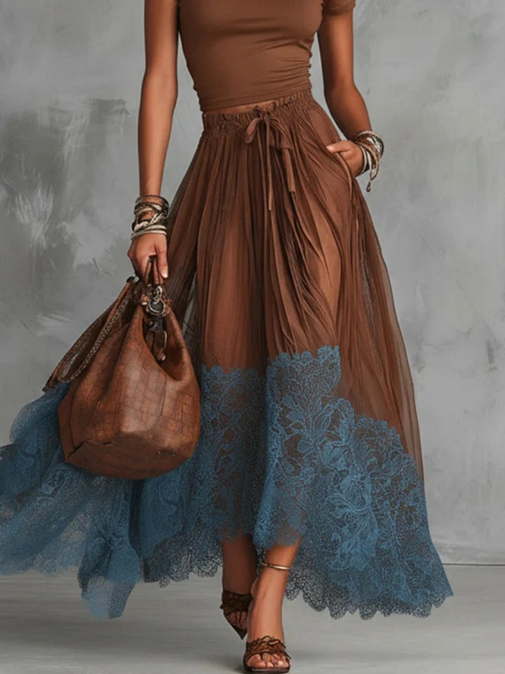 Mara Cocoa Blue Lace-Hem Skirt Set