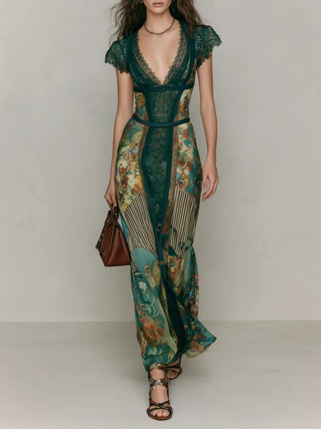 Isla Emerald Lace-Inset Print Maxi Dress