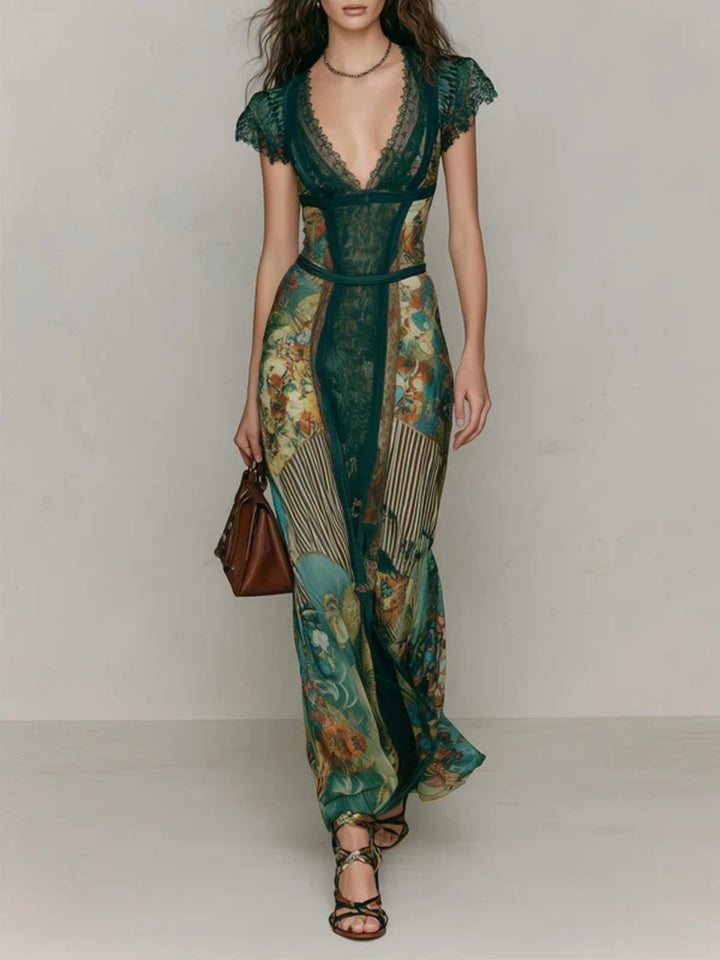 Isla Emerald Lace-Inset Print Maxi Dress