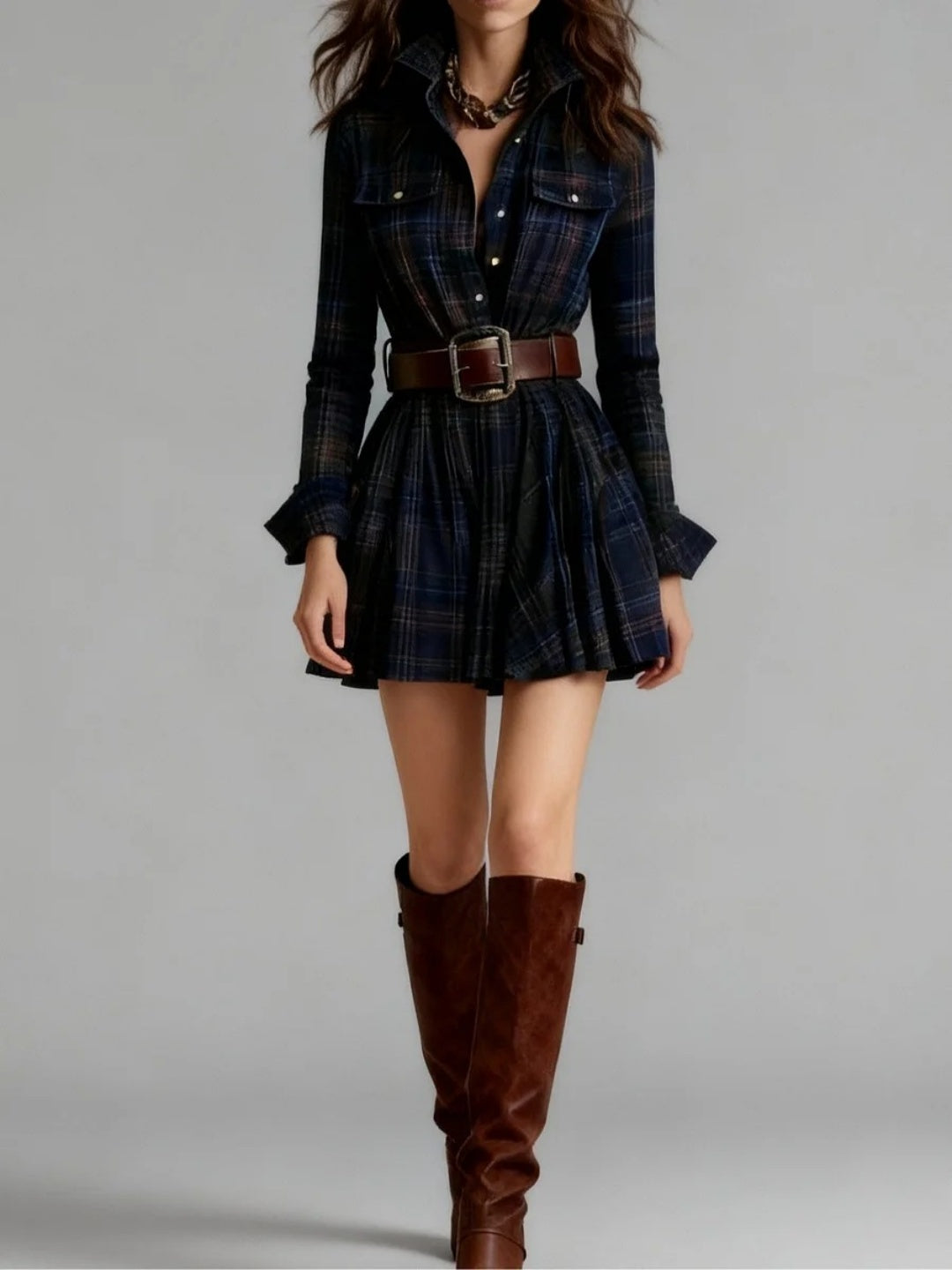 Noemi Plaid Belted Shirt Mini Dress