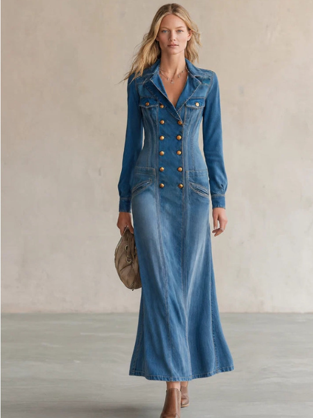Luciana Double-Breasted Denim Midi Dress