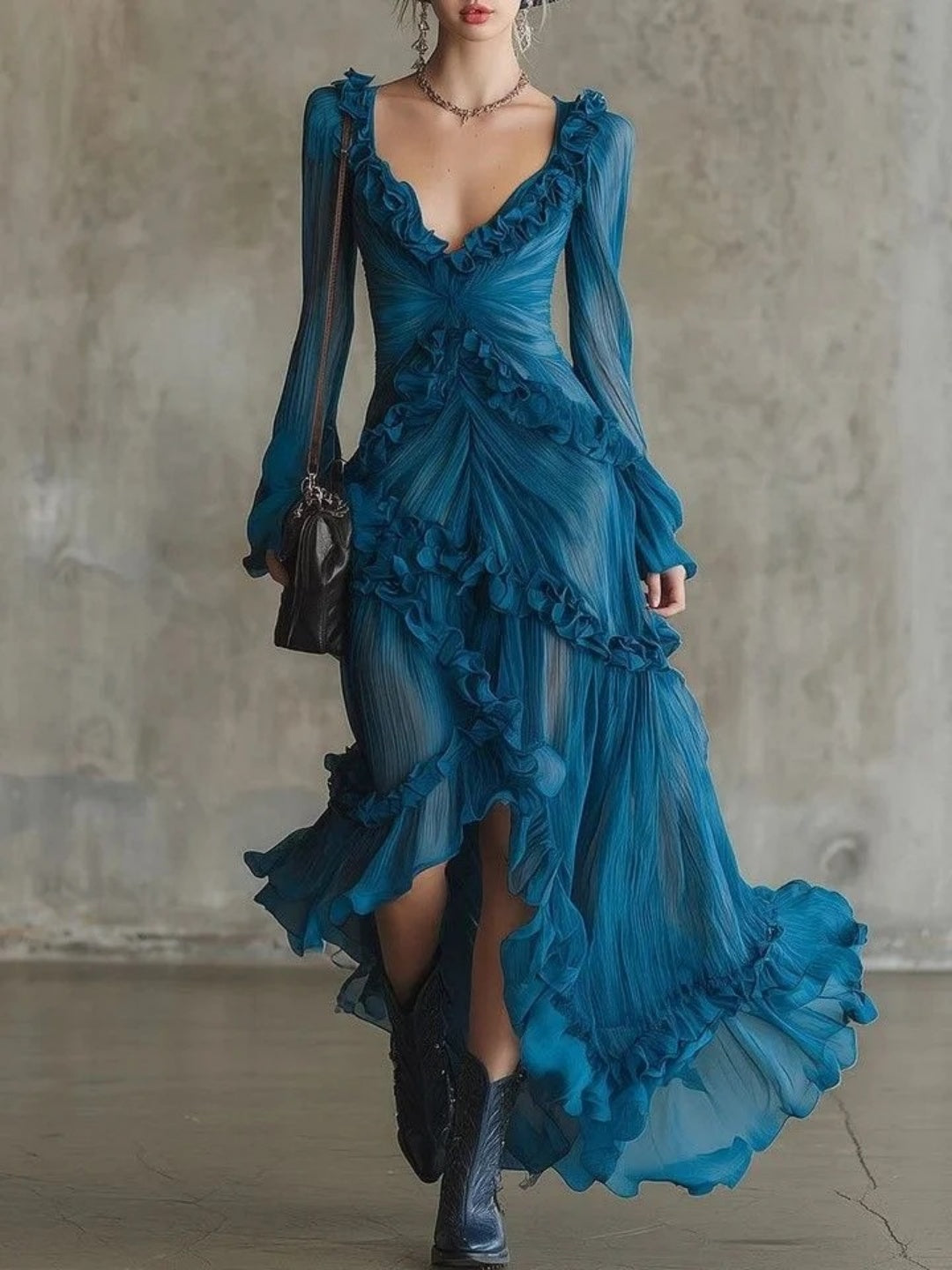 Alessia Teal Lace Ruffle High-Low Maxi Dress