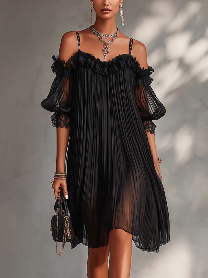 Alessia Black Pleated Cold-Shoulder Mini Dress