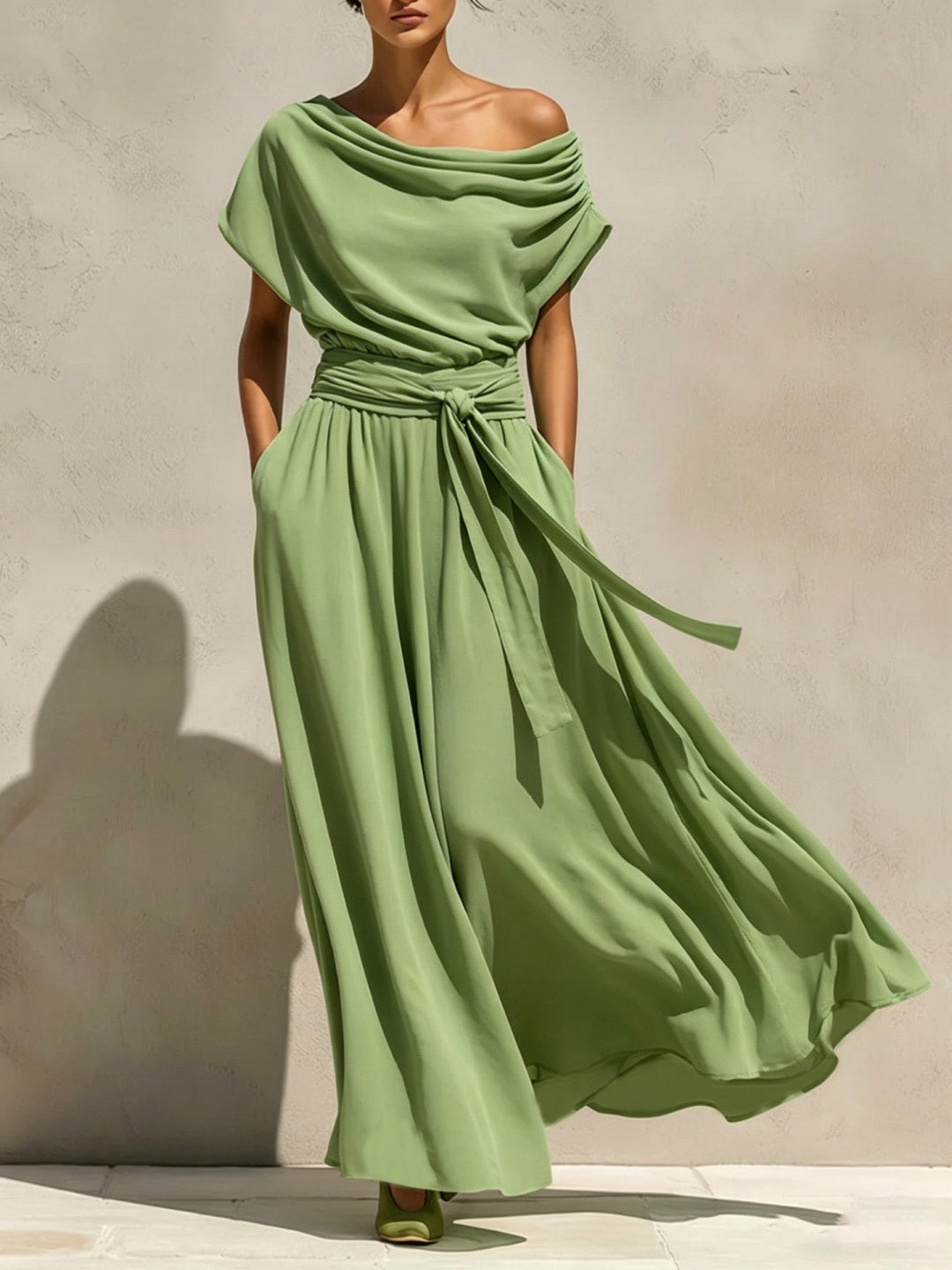 Celeste Mint Draped Belted Maxi Dress