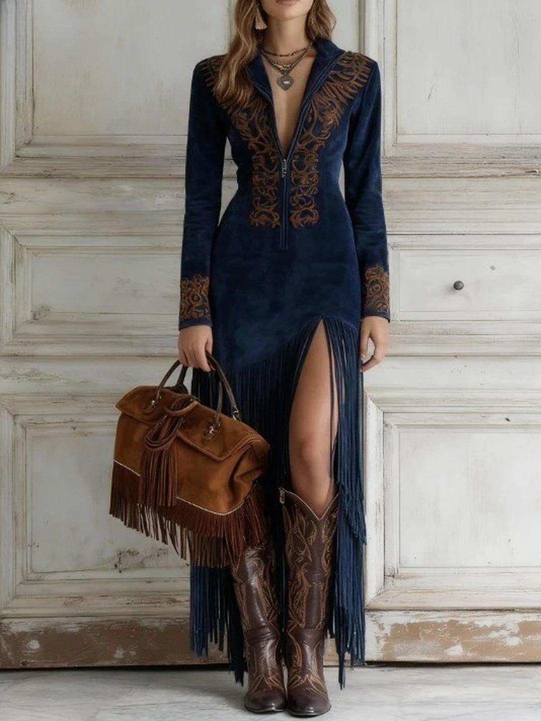 Serafina Embroidered Fringe Maxi Dress