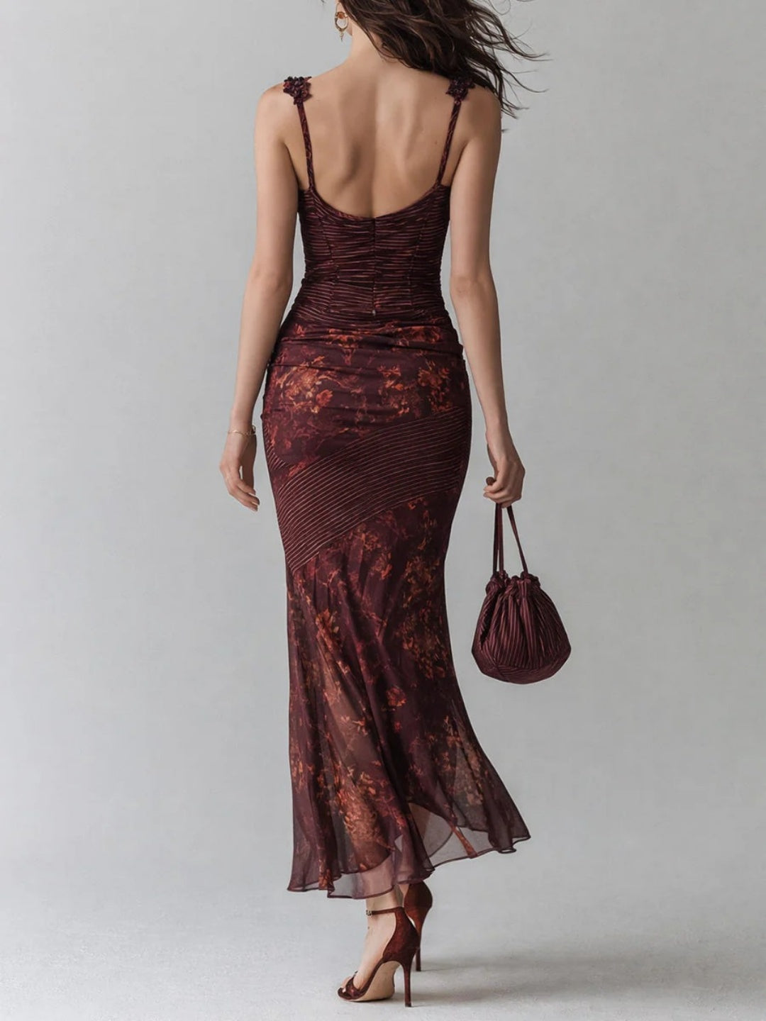 Aurelia Burgundy Satin-Look Corset Maxi Dress