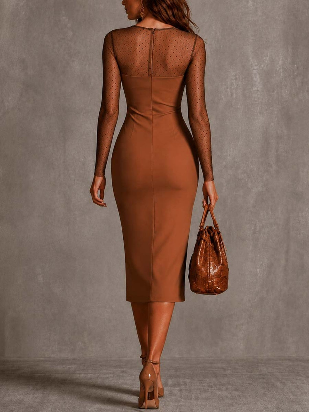 Sienna Cocoa Floral Appliqué Mesh Midi Dress