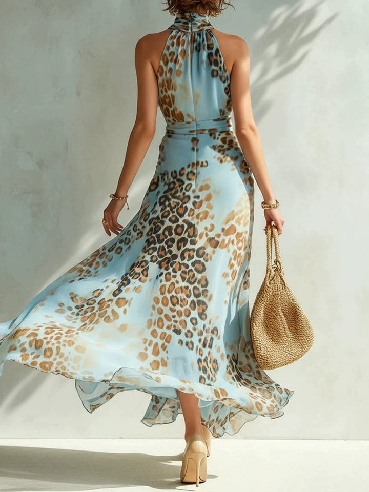 Serena Blue Leopard Halter Maxi Dress