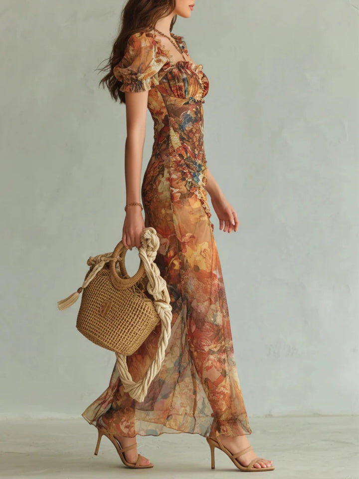 Isola Orange Botanical Puff-Sleeve Maxi Dress